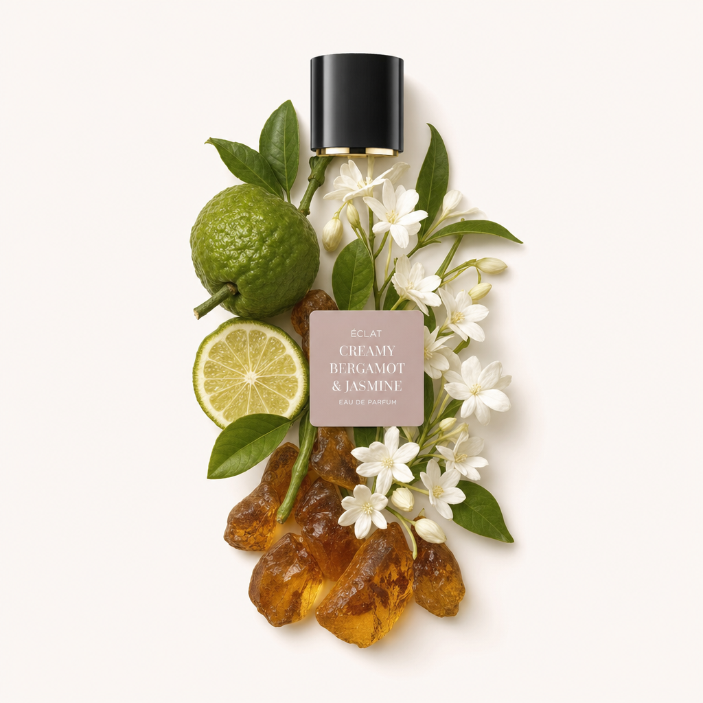 Un arrangement de bergamote, de fleurs de jasmin et de pierres d'ambre entoure un capuchon noir avec une étiquette ÉCLAT Creamy Bergamot & Jasmine.