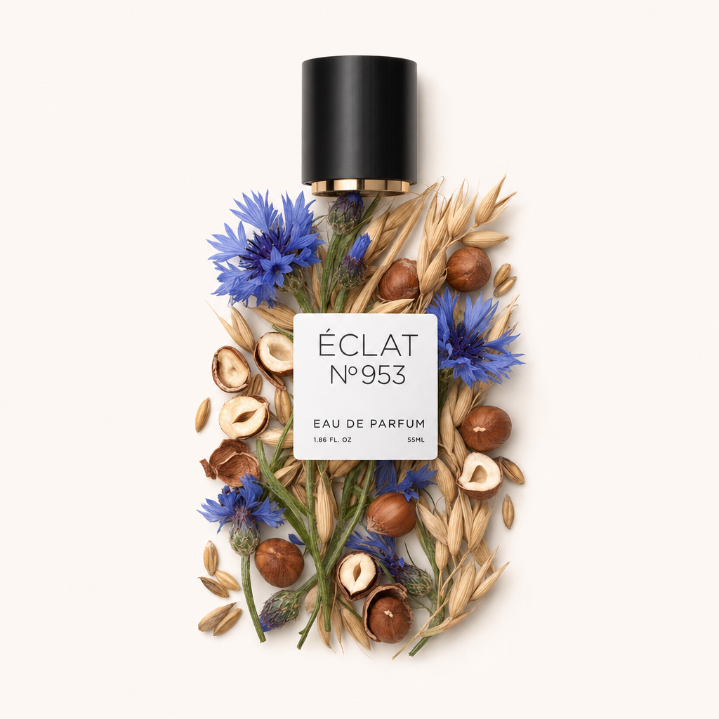 Une composition de bleuets et de noisettes entoure un capuchon noir avec un accent doré, affichant l'étiquette ÉCLAT Creamy Cornflower.