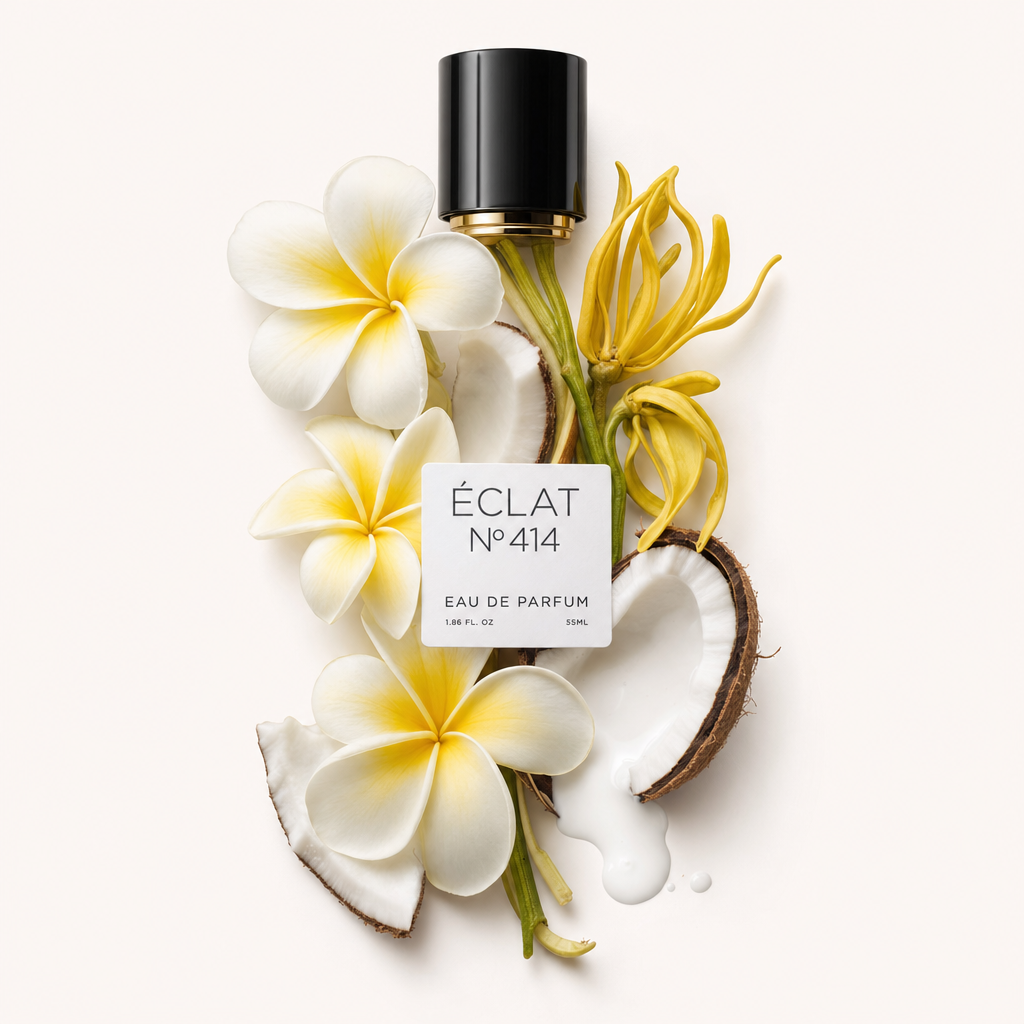 An arrangement of creamy frangipani flowers, ylang-ylang, and open coconut halves surrounds a black cap with an ÉCLAT label.