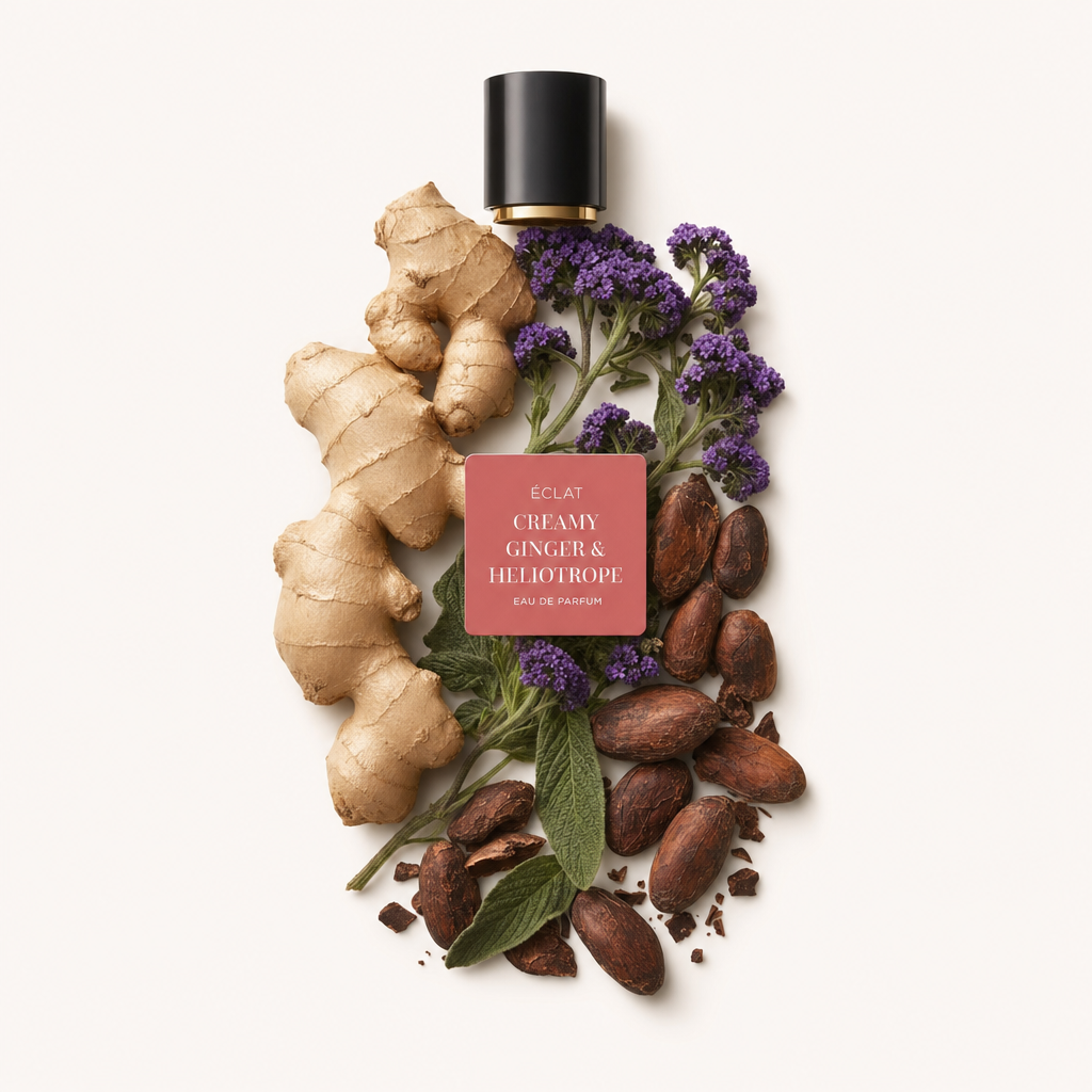 Un arrangement de racine de gingembre, de fleurs de héliotrope violettes et de fèves de cacao avec un capuchon noir étiqueté ÉCLAT Creamy Ginger & Heliotrope.