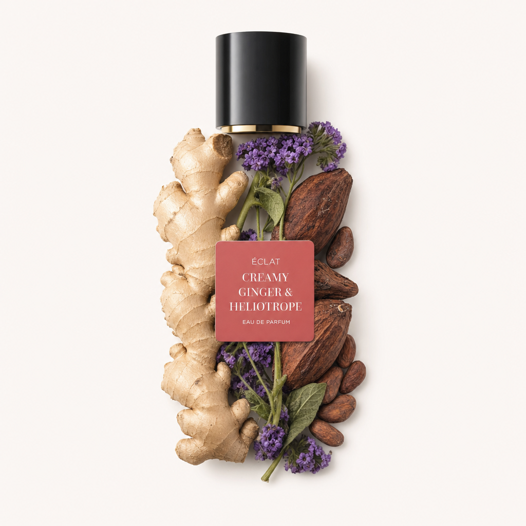 Un arrangement de gingembre, cabosses de cacao et fleurs de héliotrope entoure un bouchon noir avec étiquette pour ÉCLAT Creamy Ginger & Heliotrope.