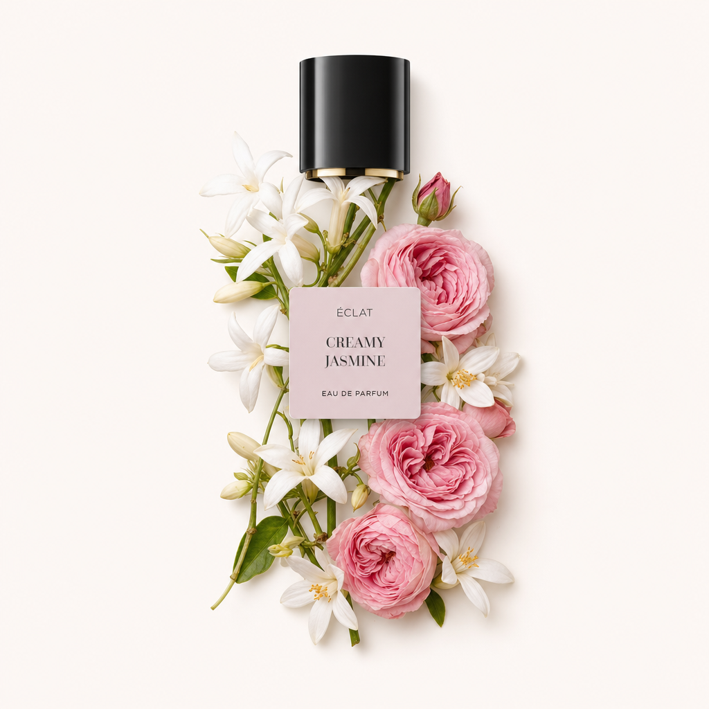 Une composition fait-main de jasmin blanc et de roses roses entoure le bouchon noir ÉCLAT Creamy Jasmine avec son étiquette.