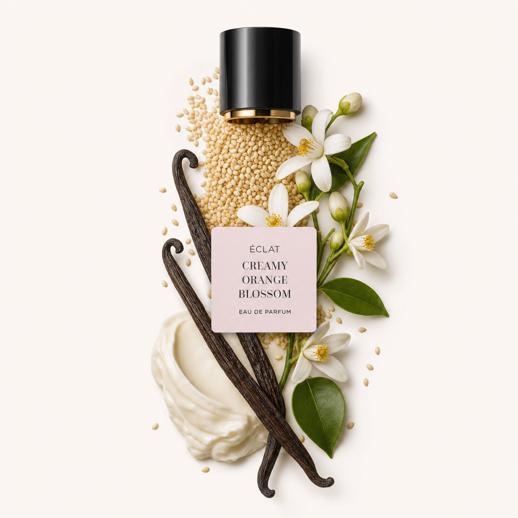 Un arrangement comprend des gousses de vanille, des fleurs de fleur d'oranger, une volute de crème et des graines de sésame sous le bouchon avec étiquette d'ÉCLAT Creamy Orange Blossom.