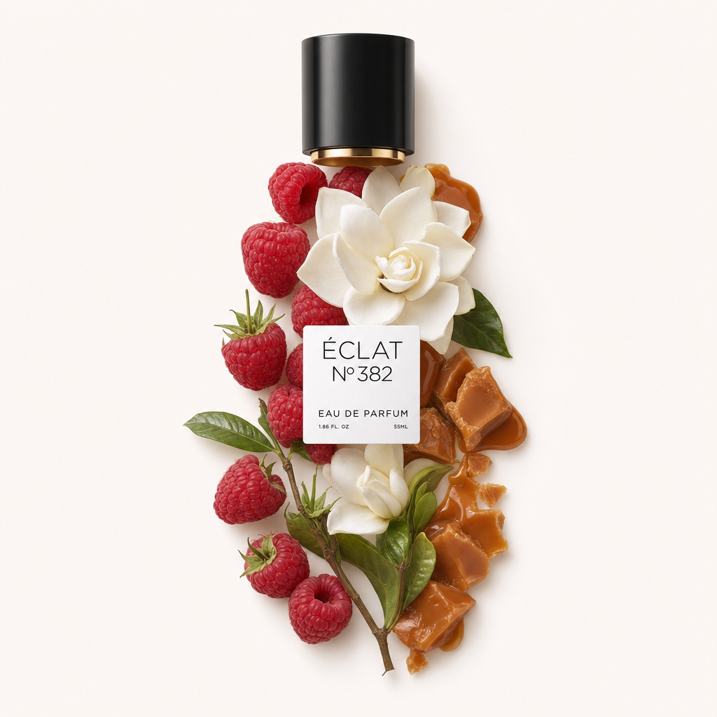 Un arrangement de framboises fraîches, de fleurs blanches et de caramel est artistiquement placé sous un bouchon noir avec l'étiquette ÉCLAT Creamy Raspberry.