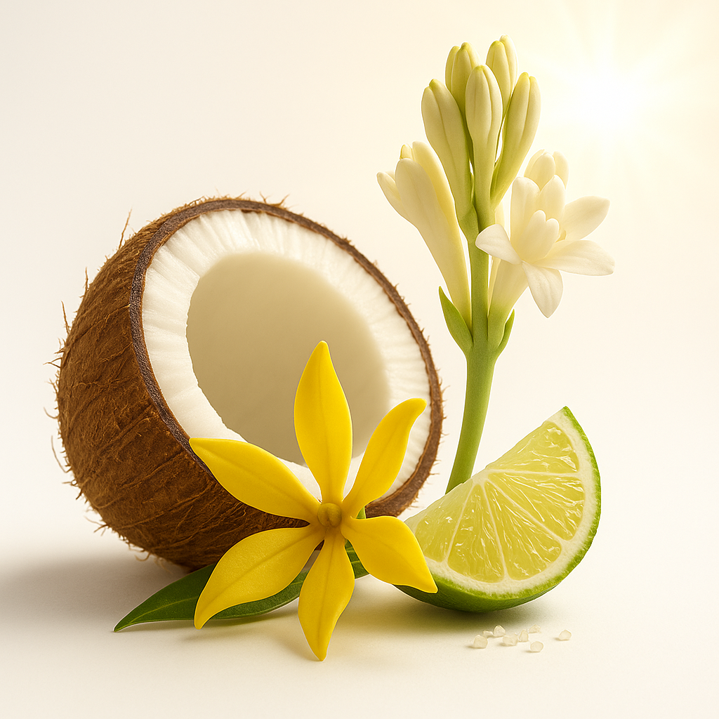 Felszeletelt kókuszdió, sárga ylang-ylang virág, tubarózsa virág és lime cikkely, lágy fényben elrendezve.