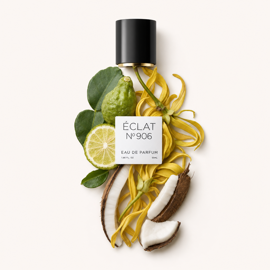 Μια σύνθεση από άνθη ylang-ylang, περγαμόντο και κομμάτια καρύδας περιβάλλει ένα μαύρο καπάκι με ετικέτα ÉCLAT 906 VIP.