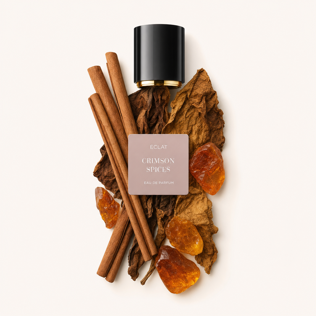 Un arrangement de bâtons de cannelle, de feuilles de tabac séchées et de pierres d'ambre entoure le bouchon noir avec l'étiquette ÉCLAT Crimson Spices.