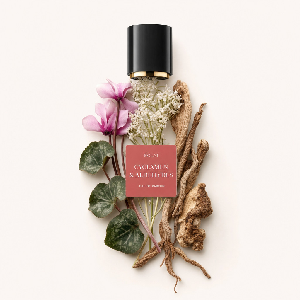 A composition of cyclamen flowers, delicate white blossoms, and dried roots, with ÉCLAT Cyclamen & Aldehydes cap and label.