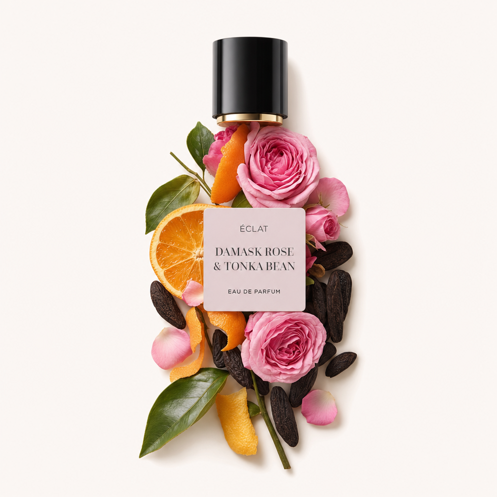 Une élégante composition de pétales de rose frais, de fèves tonka entières et de tranches d'orange vibrantes entoure un capuchon noir avec une étiquette affichant ÉCLAT Damask Rose & Tonka Bean.