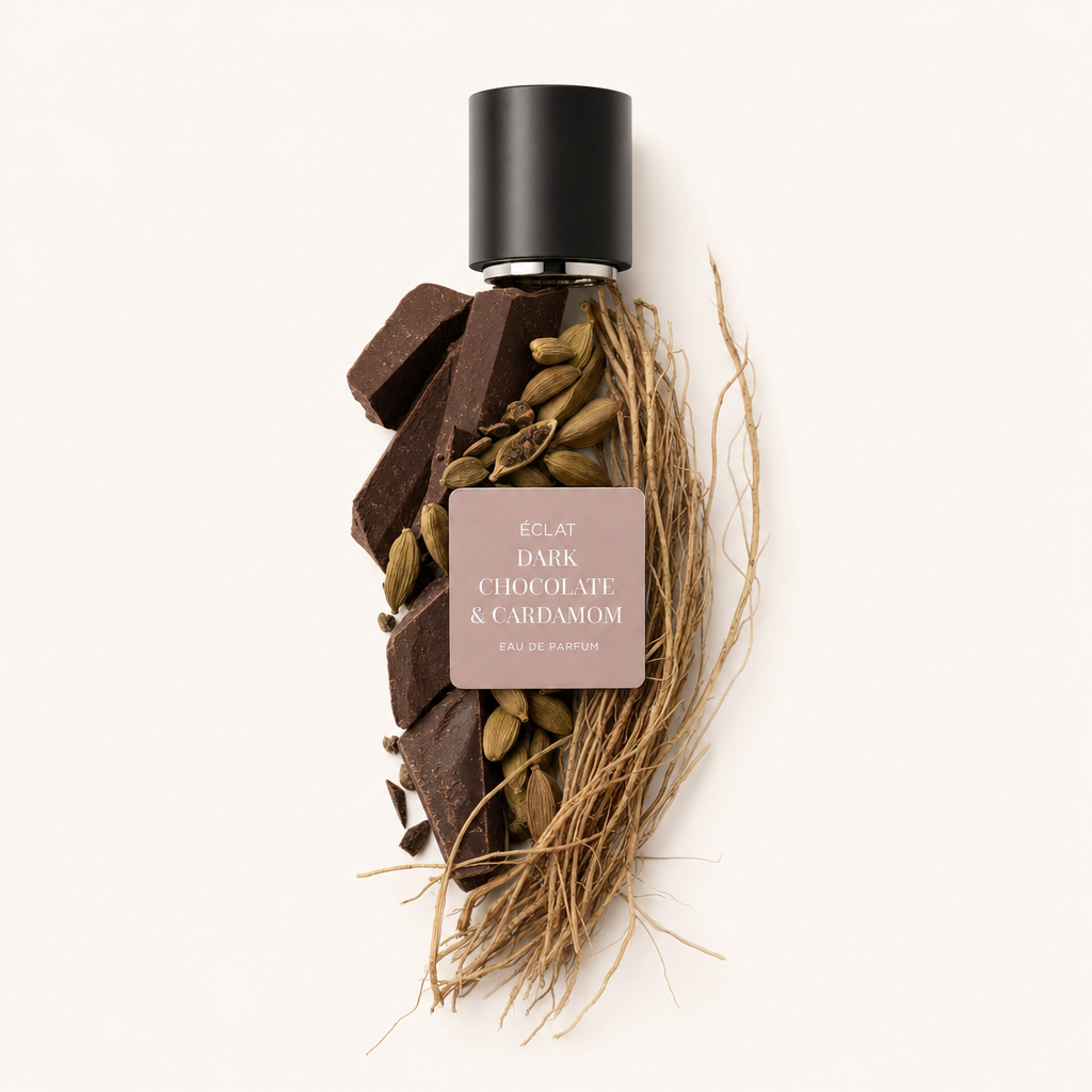 Un arrangement de morceaux de chocolat noir et de gousses de cardamome entoure un bouchon noir avec une étiquette ÉCLAT Dark Chocolate & Cardamom.