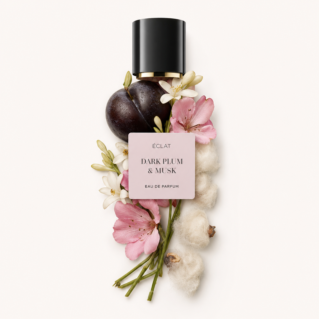 Un arrangement de prune noire, de fleurs roses et de fleurs blanches avec un capuchon noir arborant l'étiquette ÉCLAT Dark Plum & Musk.