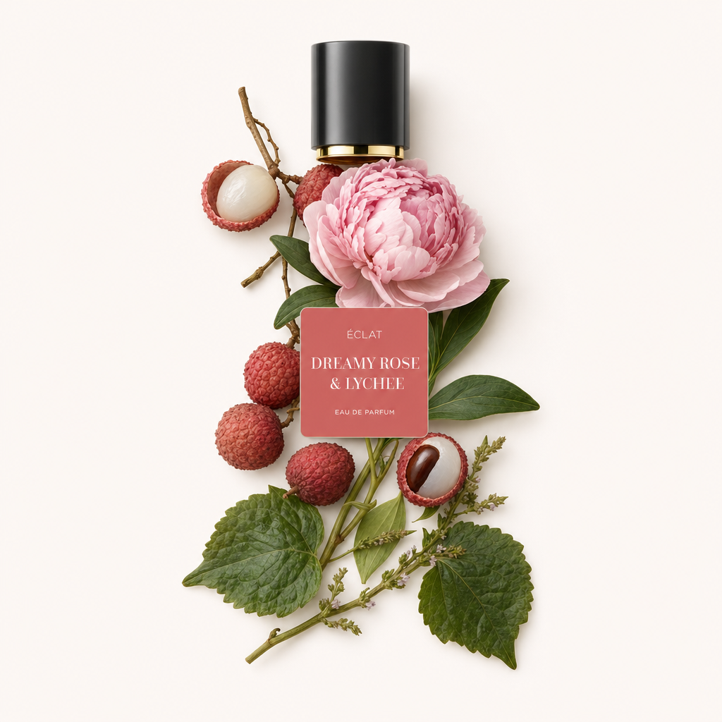 Un arrangement d'une pivoine rose entourée de litchis frais, de brindilles et de feuillage, avec un capuchon noir arborant l'étiquette ÉCLAT Dreamy Rose & Lychee.