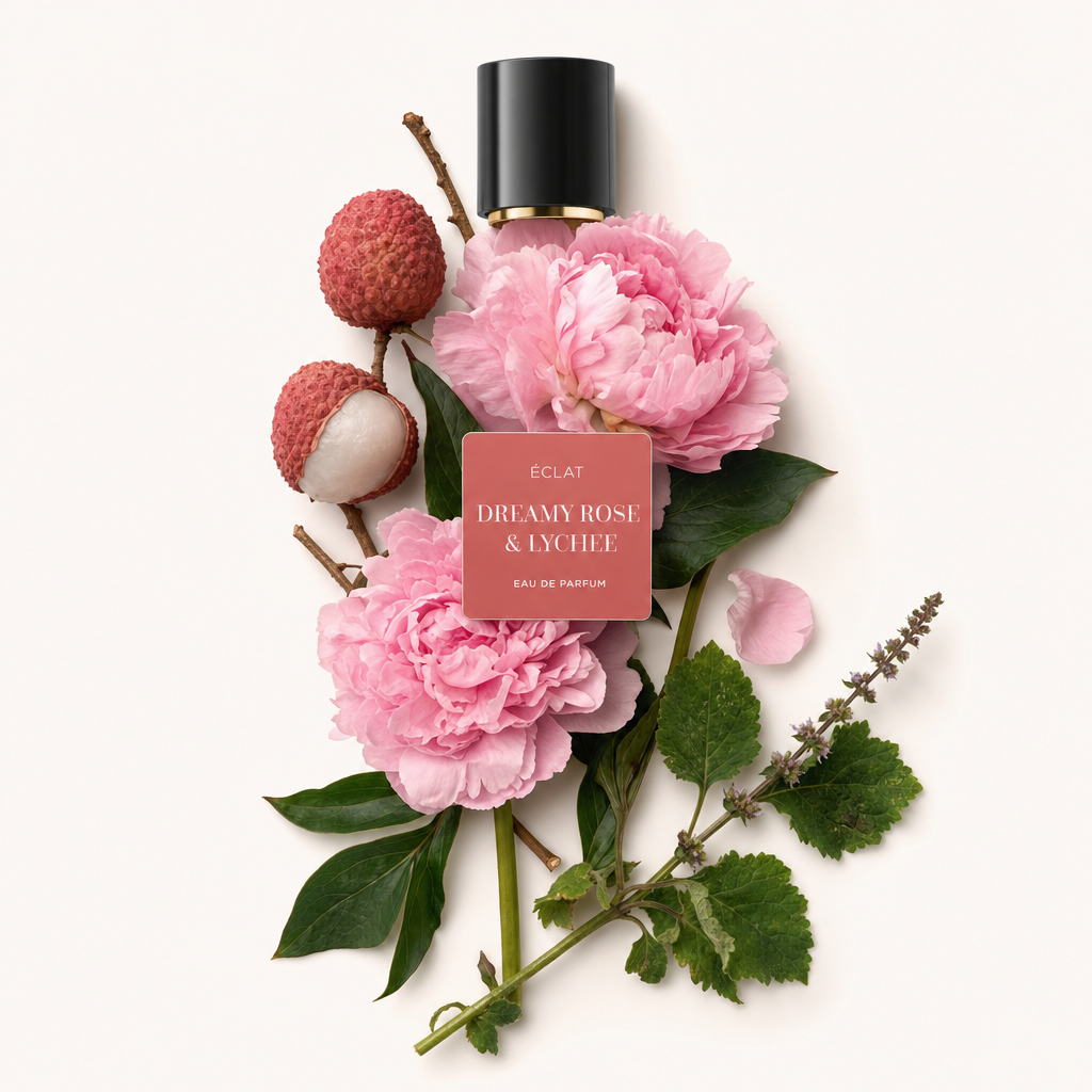 An arrangement of pink peonies and ripe lychees with a black cap featuring ÉCLAT Dreamy Rose & Lychee label.
