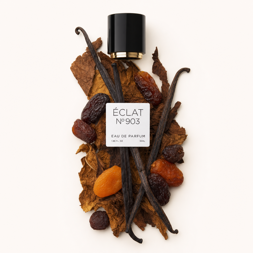 Ett arrangemang av tobaksblad, torkade frukter och vaniljstänger omger en svart kork med etikett, representerar ÉCLAT VIP - Dry Fruits, Vanilla & Tobacco.