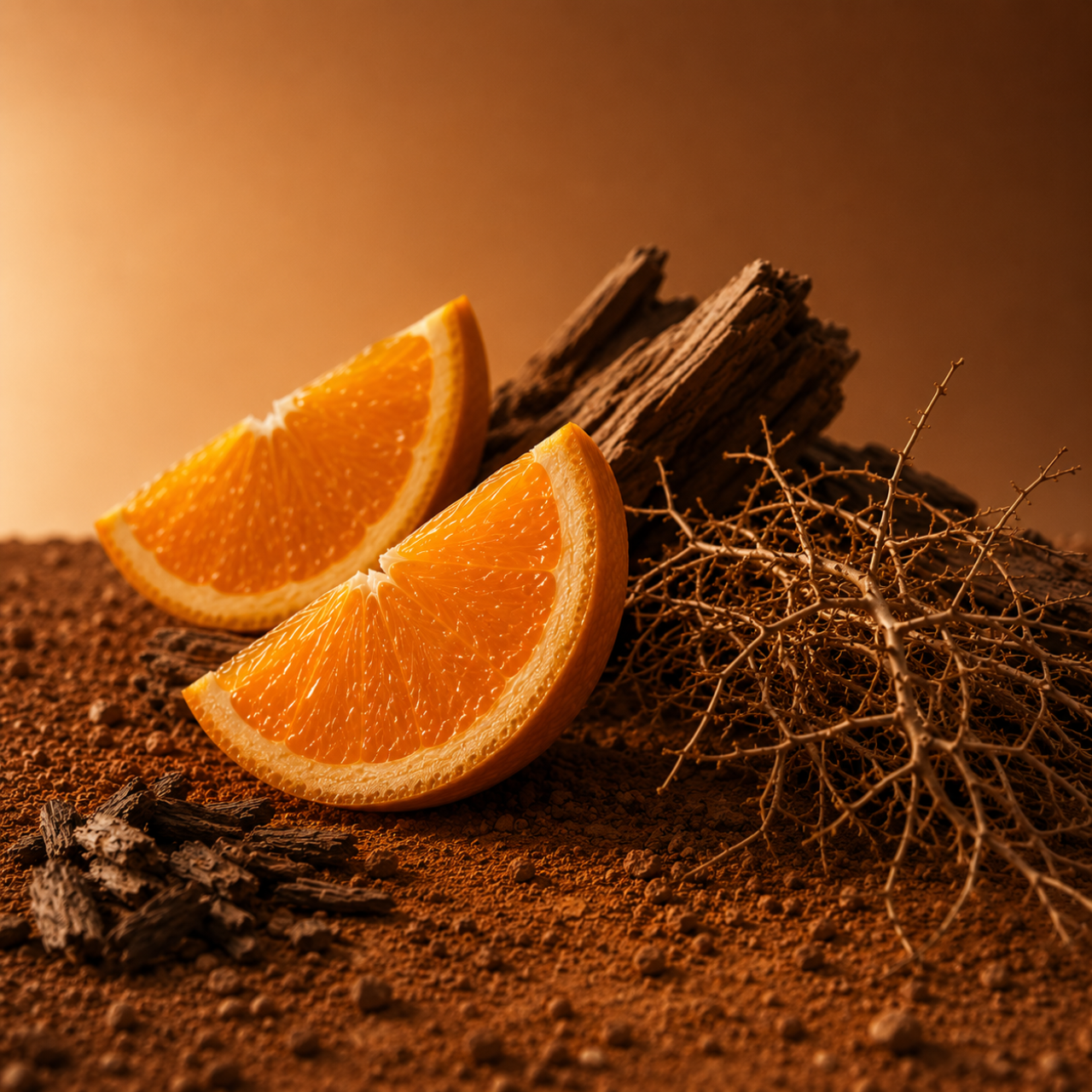 An arrangement featuring fresh orange slices and earthy elements on a textured ground, evoking ÉCLAT Earthy Orange.
