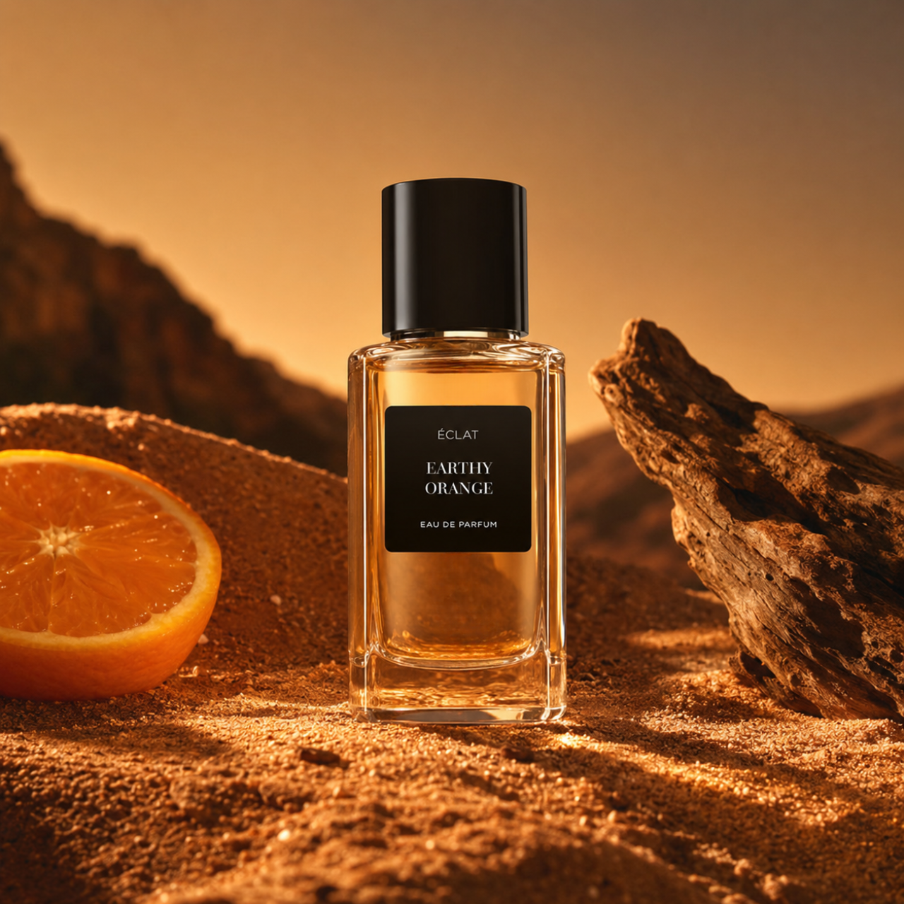 A faceted glass bottle of ÉCLAT Earthy Orange perfume with a black cap, set on a sandy terrain alongside an orange slice and a piece of wood, against a mountain backdrop.