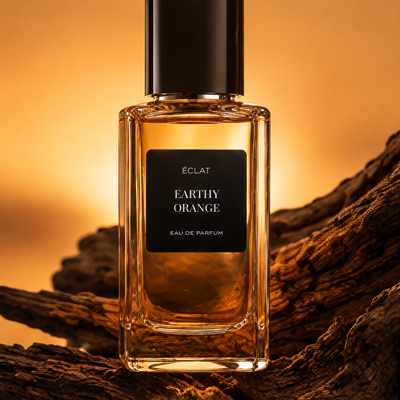 A faceted glass flacon of ÉCLAT Earthy Orange perfume with a black label, set against a backdrop of rustic wood and a warm orange glow.