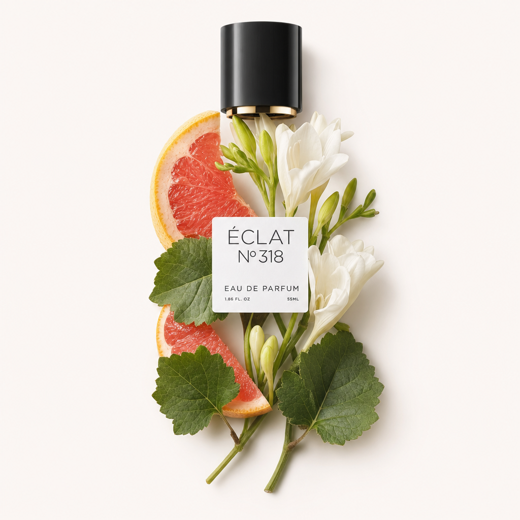 Un arrangement de tranches de pamplemousse, fleurs blanches et feuilles vertes autour du capuchon noir ÉCLAT avec étiquette.