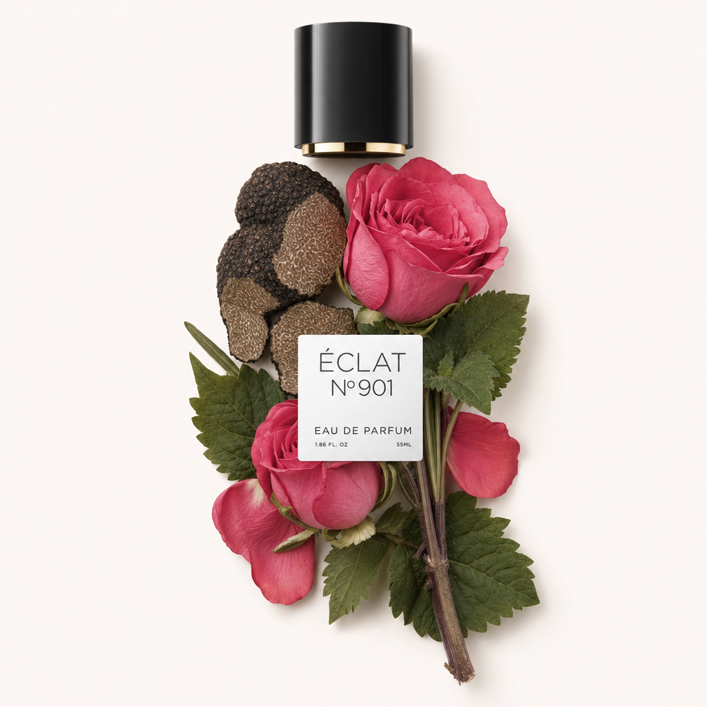 Een arrangement van levendige roze rozen en aardse truffelschijfjes omringt een zwarte dop met een etiket van ÉCLAT VIP - Earthy Rose.