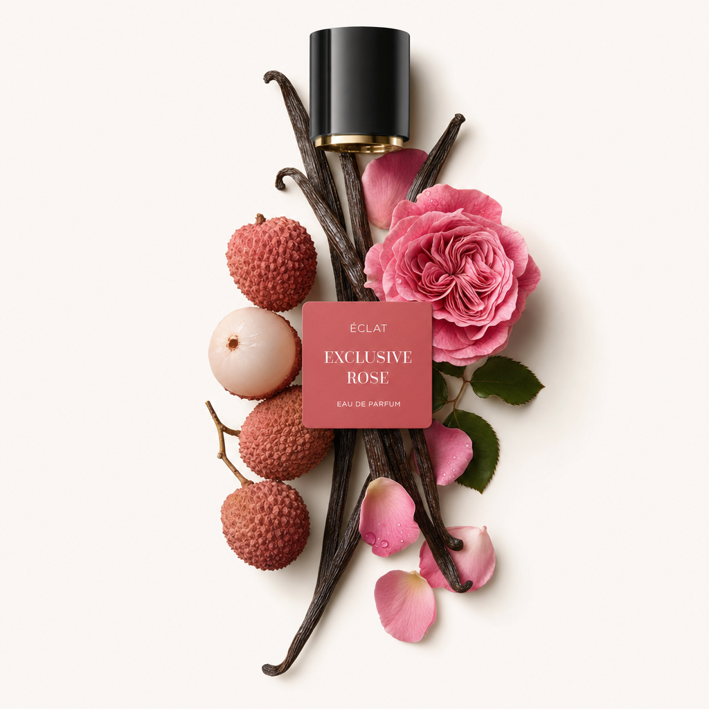 Une nature morte présentant les ingrédients de l'ÉCLAT Exclusive Rose : rose rose, fruits de litchi, gousses de vanille et pétales de rose, avec un capuchon noir avec étiquette sur le dessus.
