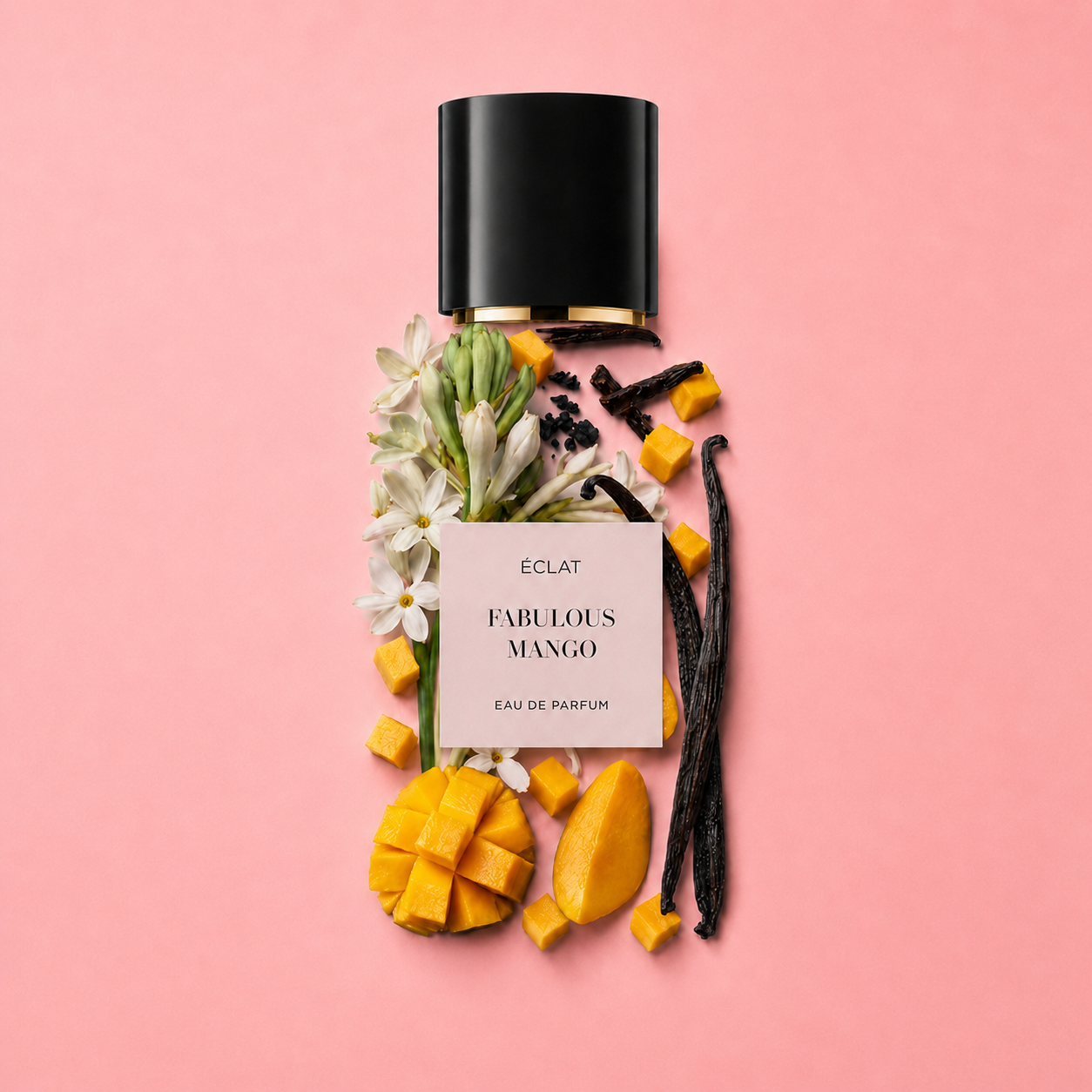 Το μπουκάλι αρώματος ÉCLAT Fabulous Mango με μαύρο καπάκι είναι διακοσμημένο με λευκά λουλούδια, κύβους μάνγκο και βανίλια πάνω σε ροζ φόντο.