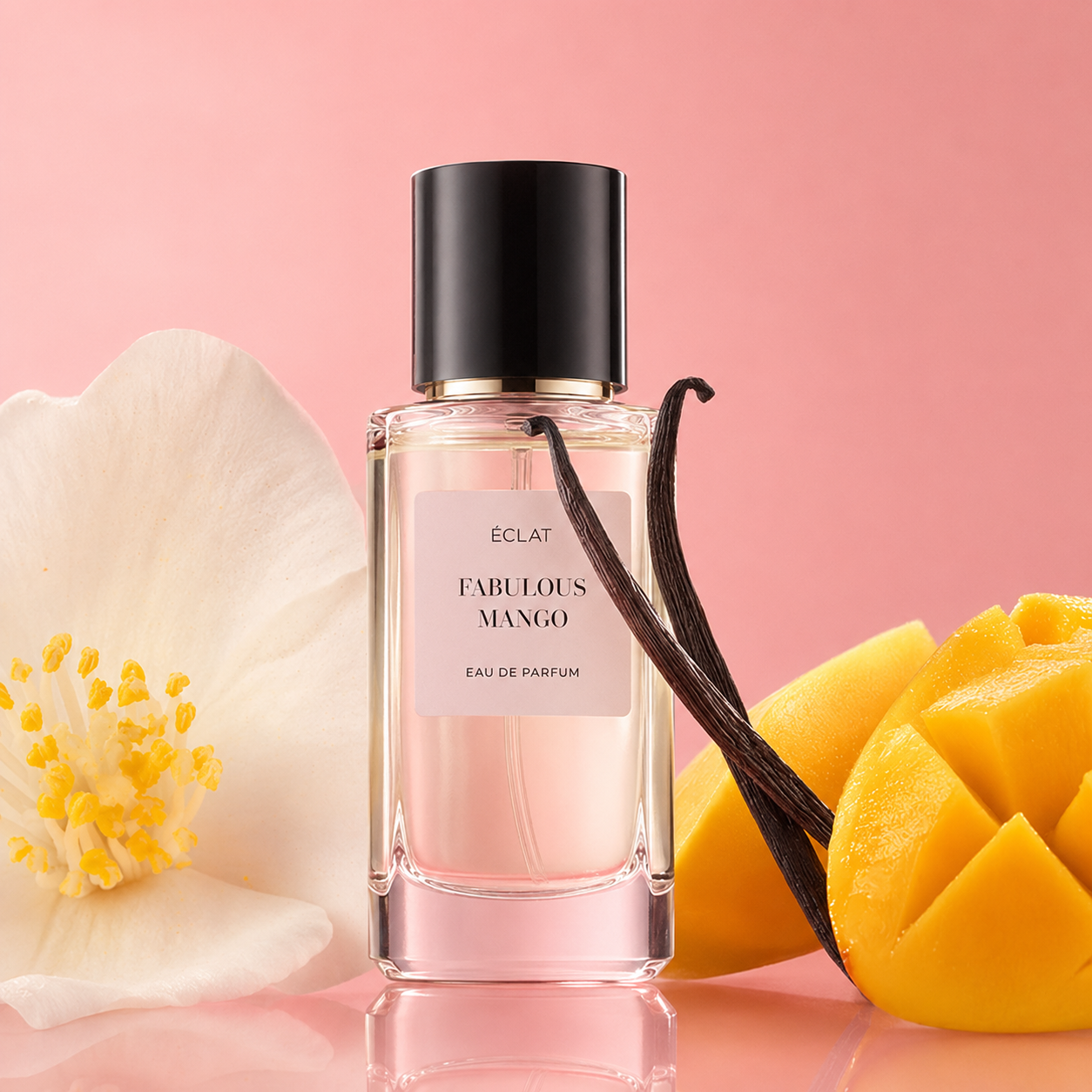 Το μπουκάλι του αρώματος ÉCLAT Fabulous Mango με μαύρο καπάκι περιβάλλεται από ένα λευκό λουλούδι, λοβό βανίλιας και κομμένο μάνγκο σε ροζ φόντο.