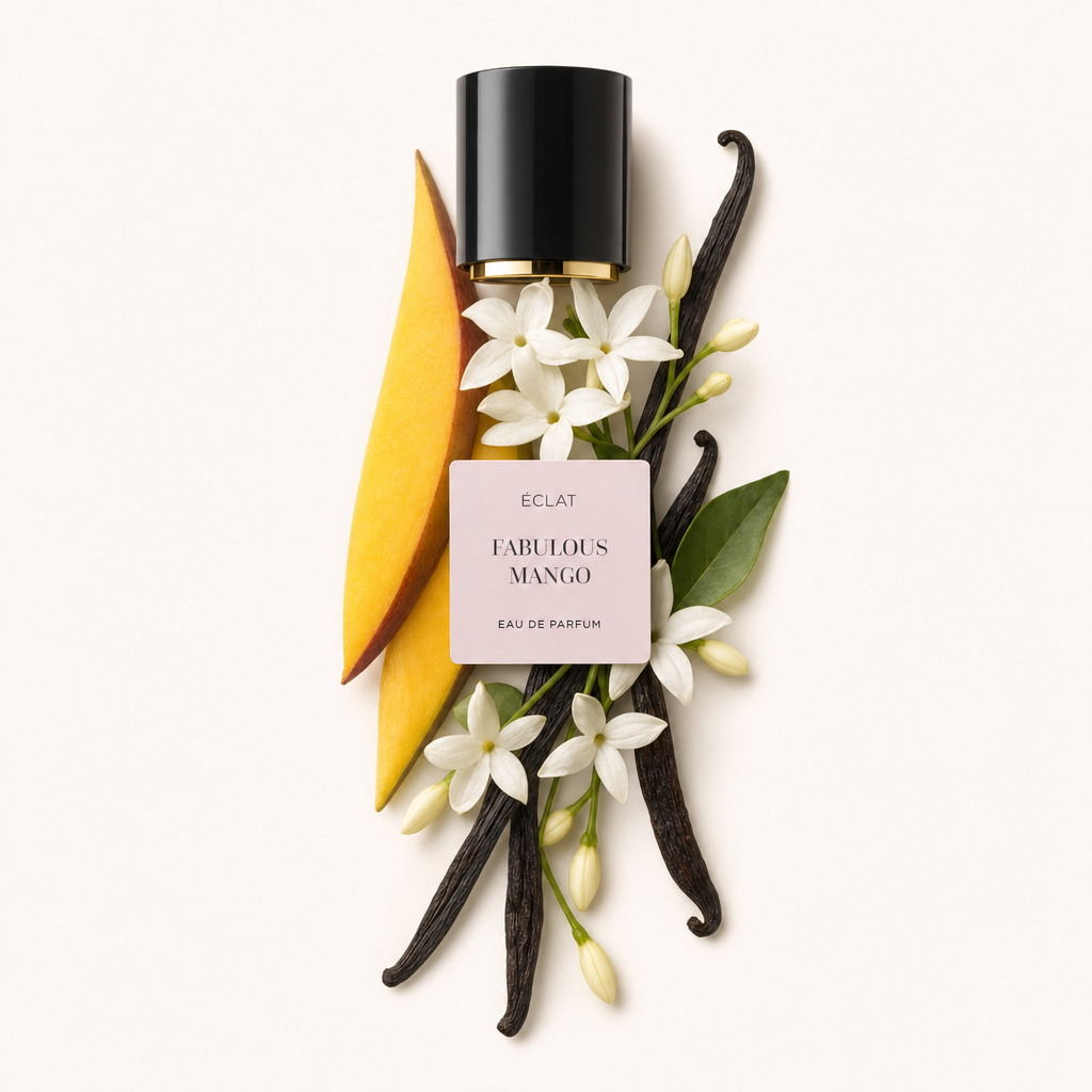 Un agencement harmonieux de tranches de mangue, de fleurs de jasmin blanches et de gousses de vanille entoure un capuchon noir avec un bord doré et une étiquette ÉCLAT Fabulous Mango.