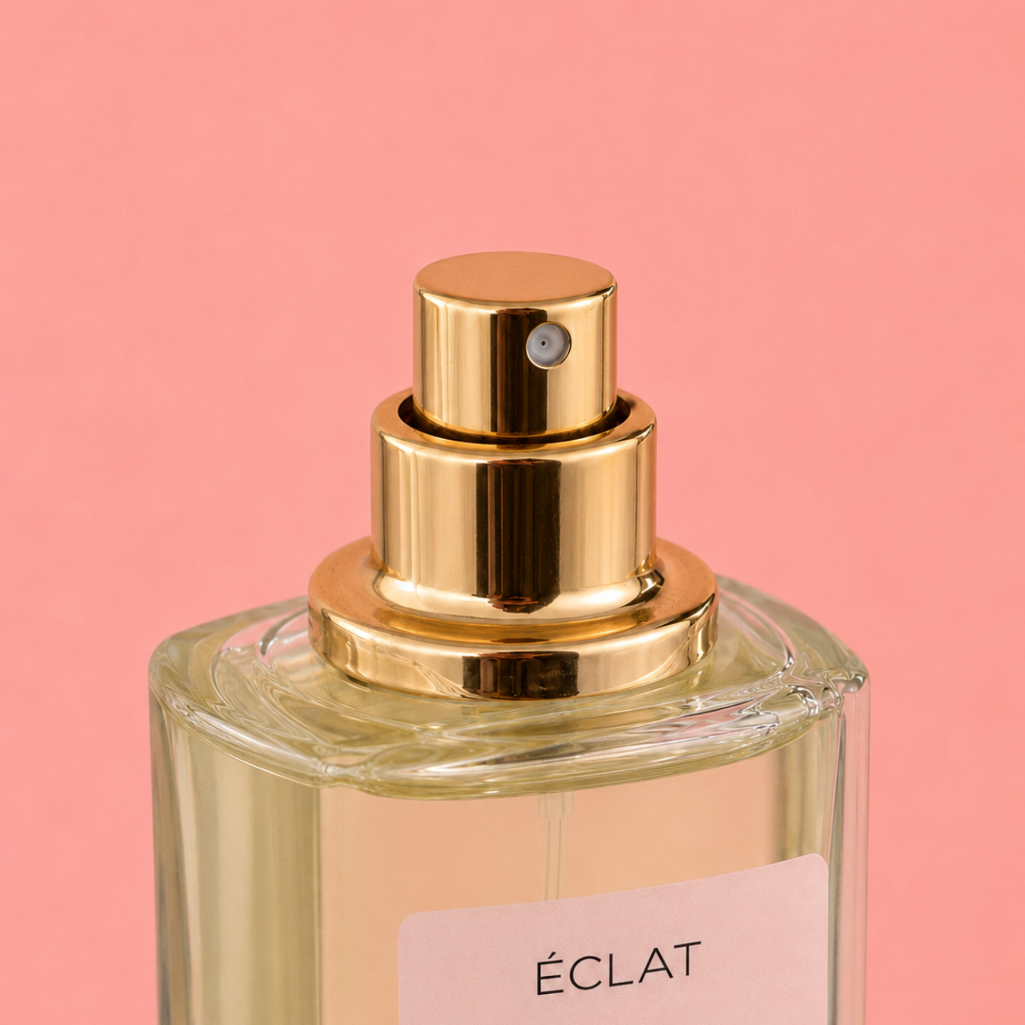 Μπουκάλι αρώματος ÉCLAT Fabulous Mango με χρυσό ακροφύσιο ψεκασμού και κομψό, διάφανο σχεδιασμό σε ροζ φόντο.