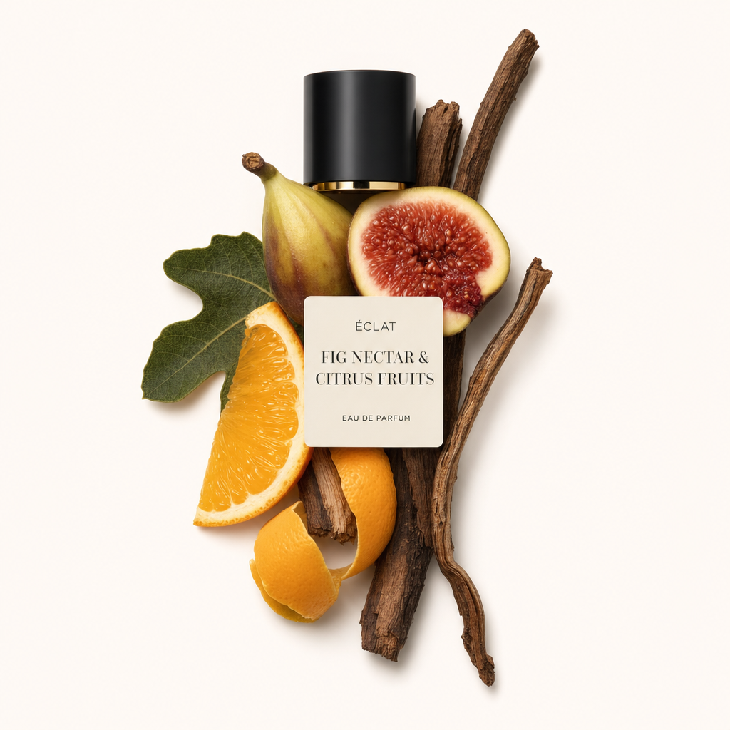 Un arrangement composé de moitiés de figue, d'une tranche d'orange, d'une écorce d'agrumes, de feuilles de figuier et de bâtons de bois, surmonté du bouchon noir ÉCLAT et de l'étiquette.