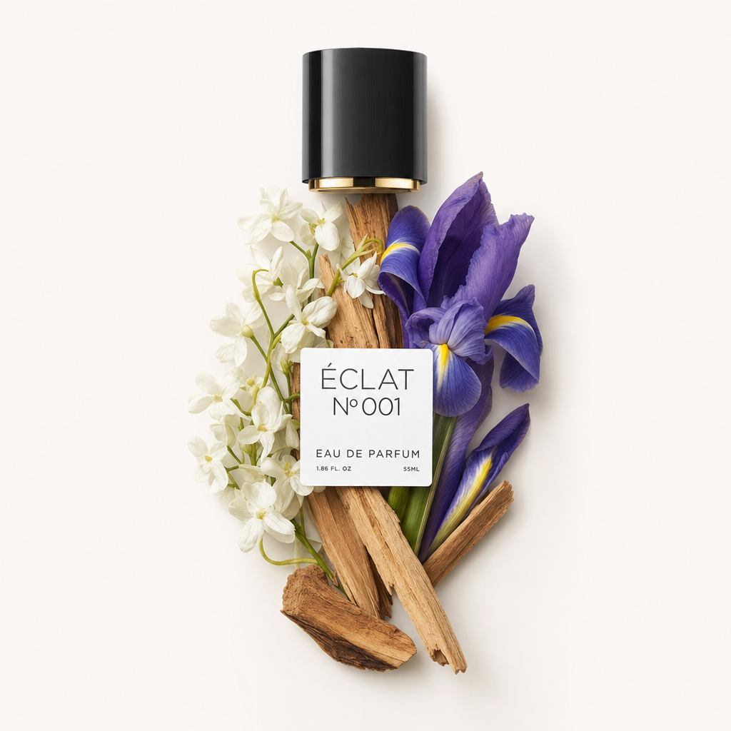 An artistic arrangement of white flowers, wooden sticks, and a purple iris encircle a black cap with a gold accent, labeled for ÉCLAT Floral Aldehydes.