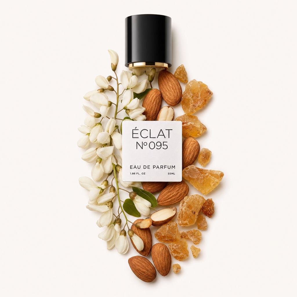 An arrangement of almond blossoms, whole almonds, and amber-colored resins surrounds a black cap with a label for ÉCLAT Floral Almond.
