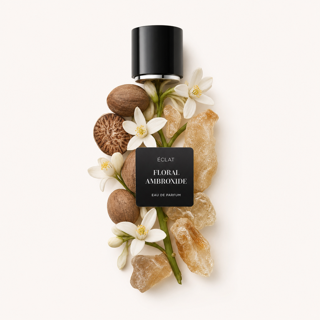 Un arrangement de fleurs blanches, de noix séchées et de résine ambrée, surmonté d'un capuchon noir portant l'étiquette ÉCLAT Floral Ambroxide.