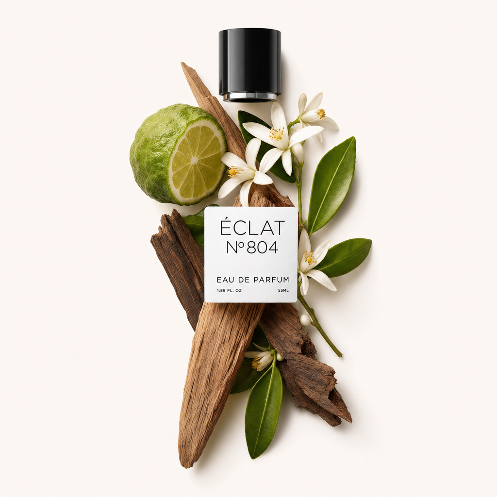 Un arrangement de bergamote, de fleurs blanches, de feuilles vertes et de morceaux de bois entoure un bouchon noir étiqueté ÉCLAT Floral Bergamot.