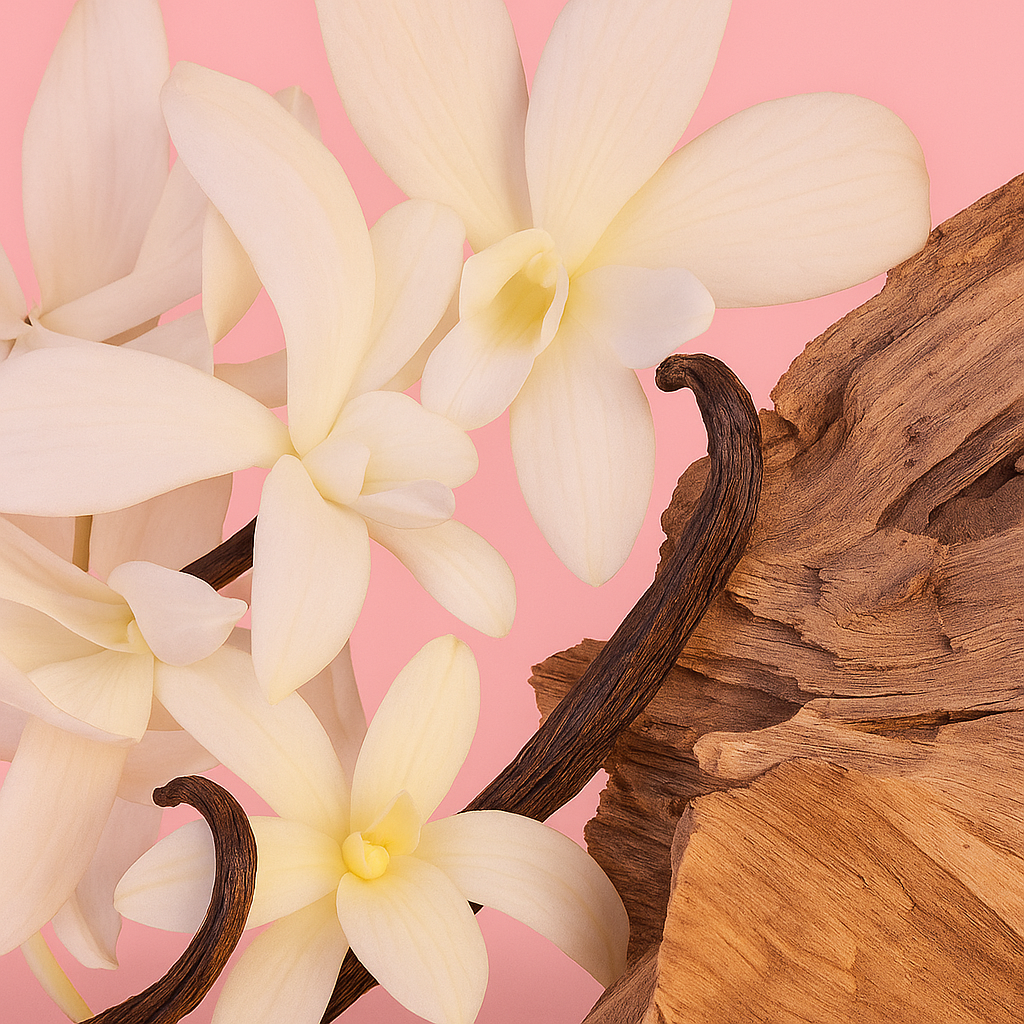 ÉCLAT Floral Blackcurrant image with white flowers, vanilla beans, and wood on a pink background.