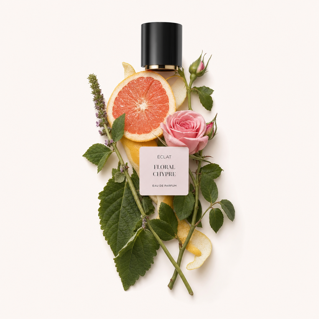 Un arrangement d'ingrédients pour ÉCLAT Floral Chypre avec un capuchon noir; inclut rose, pamplemousse, menthe et feuilles.