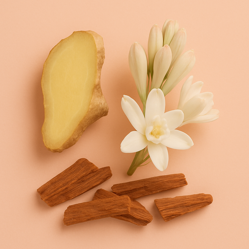 Schikking van gemberschijf, witte bloemen en houten stukken die de ÉCLAT Floral Ginger geur vertegenwoordigen.