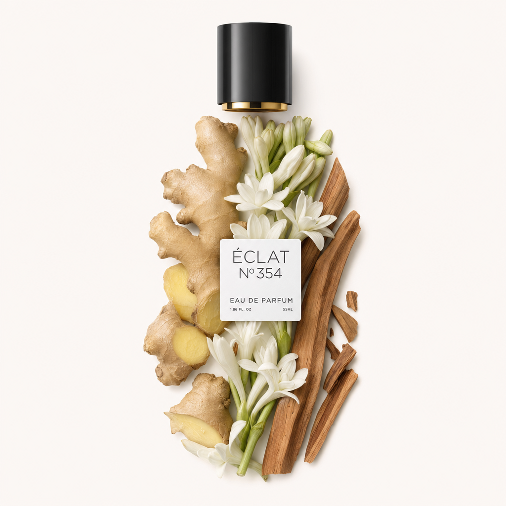 Un arrangement de racines de gingembre, de fleurs blanches et de bâtons de cannelle sous un capuchon noir avec une étiquette ÉCLAT Floral Ginger.