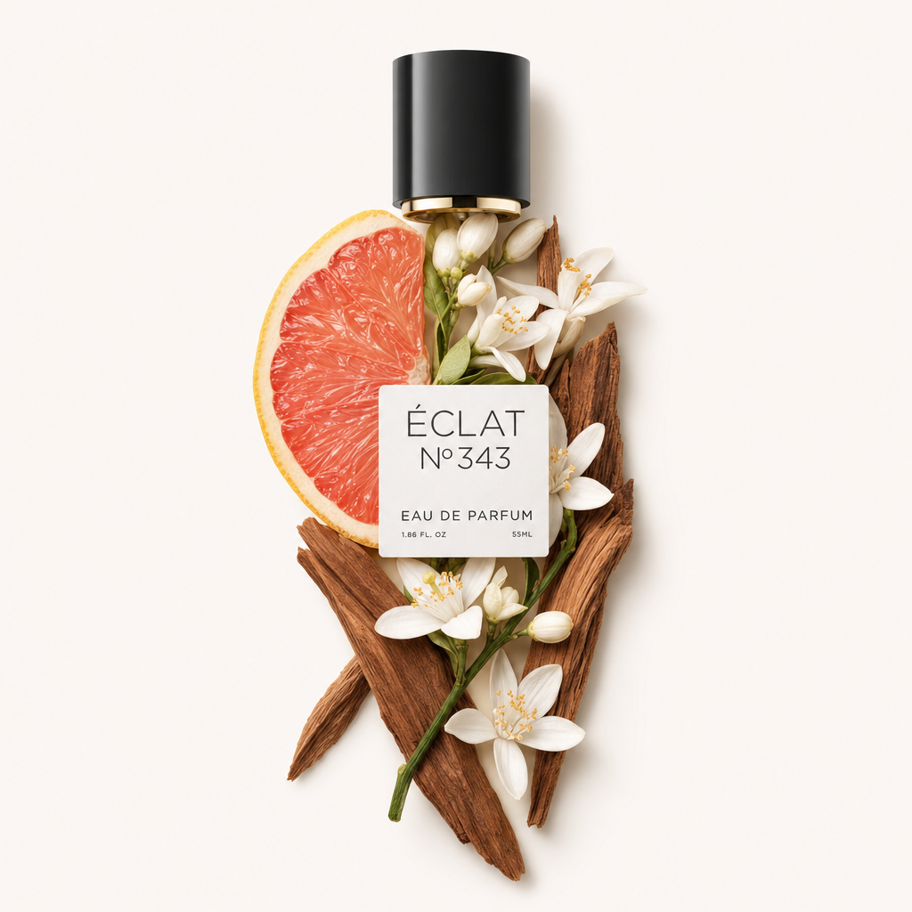 Un arrangement élégant de pamplemousse tranché, de fleurs blanches et de bois texturé entoure un bouchon noir avec l'étiquette ÉCLAT.