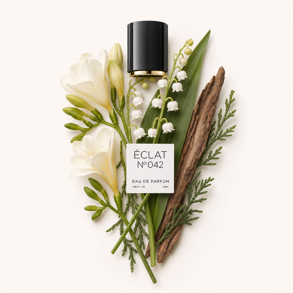 An arrangement of delicate white freesias, lilies of the valley, and green foliage surrounds a textured bark. Above lies a black cap with a gold band, marked with an ÉCLAT label.