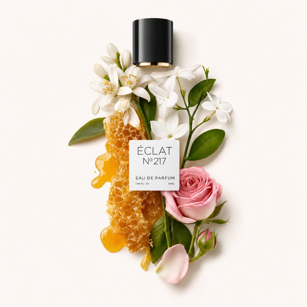 An arrangement of jasmine flowers, a pink rose, and honeycomb with a black cap on top. The label reads ÉCLAT Floral Honey.