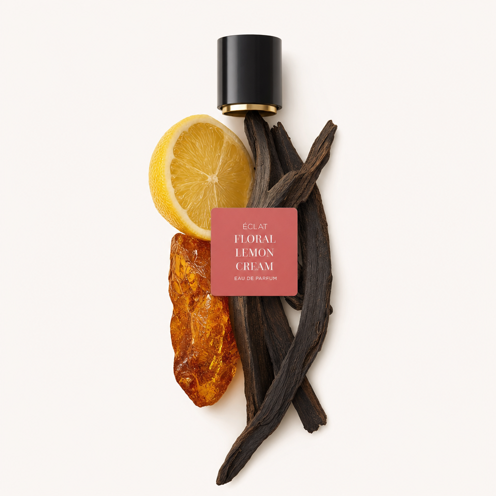 Un arrangement d'un demi-citron, de résine d'ambre et de gousses de vanille avec un capuchon noir affichant l'étiquette ÉCLAT Floral Lemon Cream.