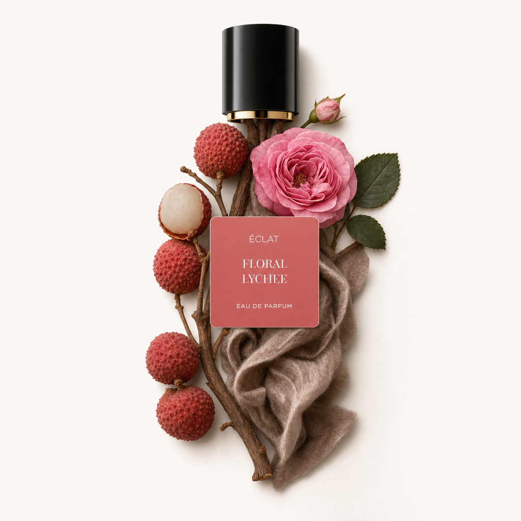 Un arrangement de litchis frais et d'une rose rose avec des feuilles vertes, disposé avec élégance autour d'un capuchon noir avec l'étiquette ÉCLAT Floral Lychee.