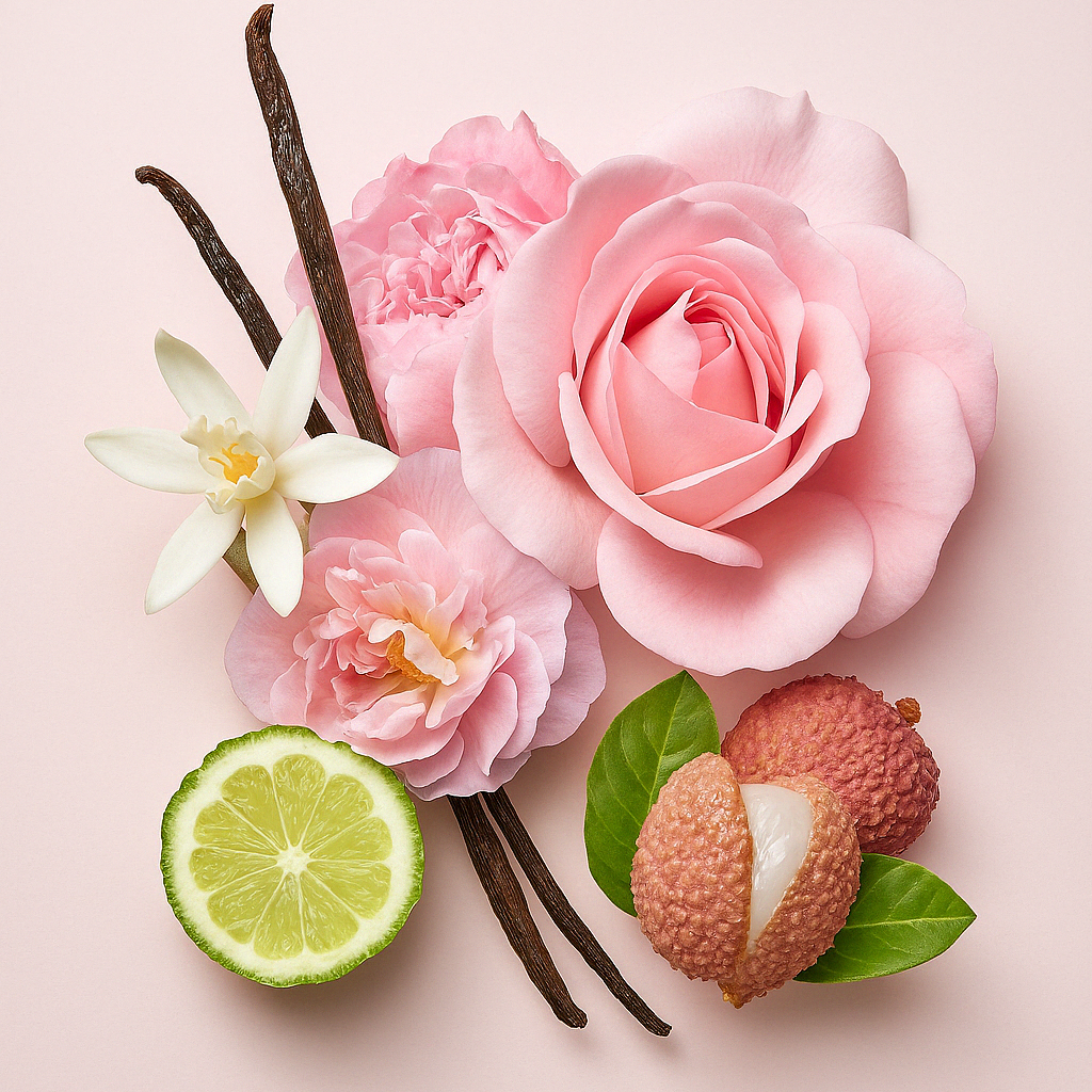 Az ÉCLAT Floral Lychee rózsaszín rózsák, fehér virágok, vaníliarudak, lime szeletek és licsi gyümölcs kompozíciójával jelenik meg.