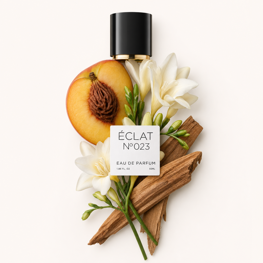 Un arrangement de pêche fraîche, fleurs blanches et notes boisées avec un capuchon noir et étiquette ÉCLAT.