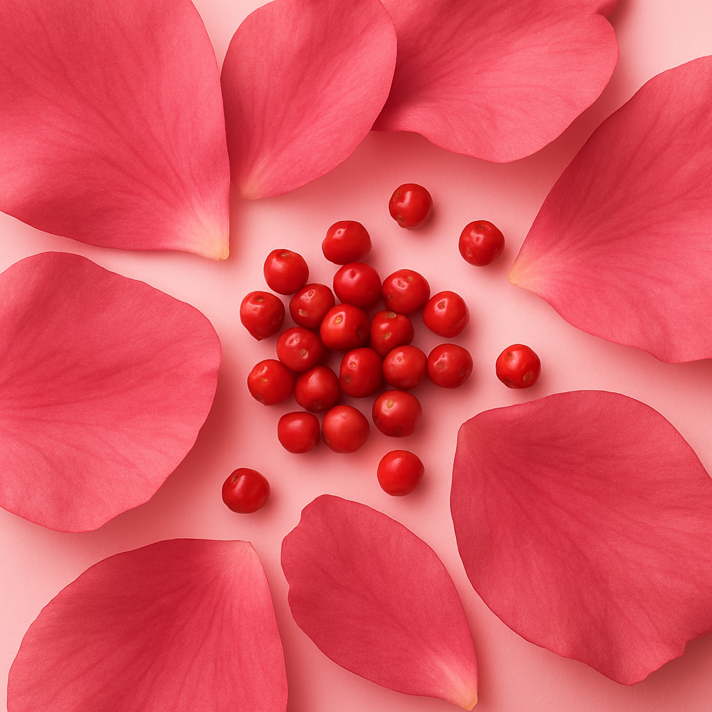 Pink rose petals and a cluster of small red berries on a soft pink background, symbolizing ÉCLAT Floral Musk.