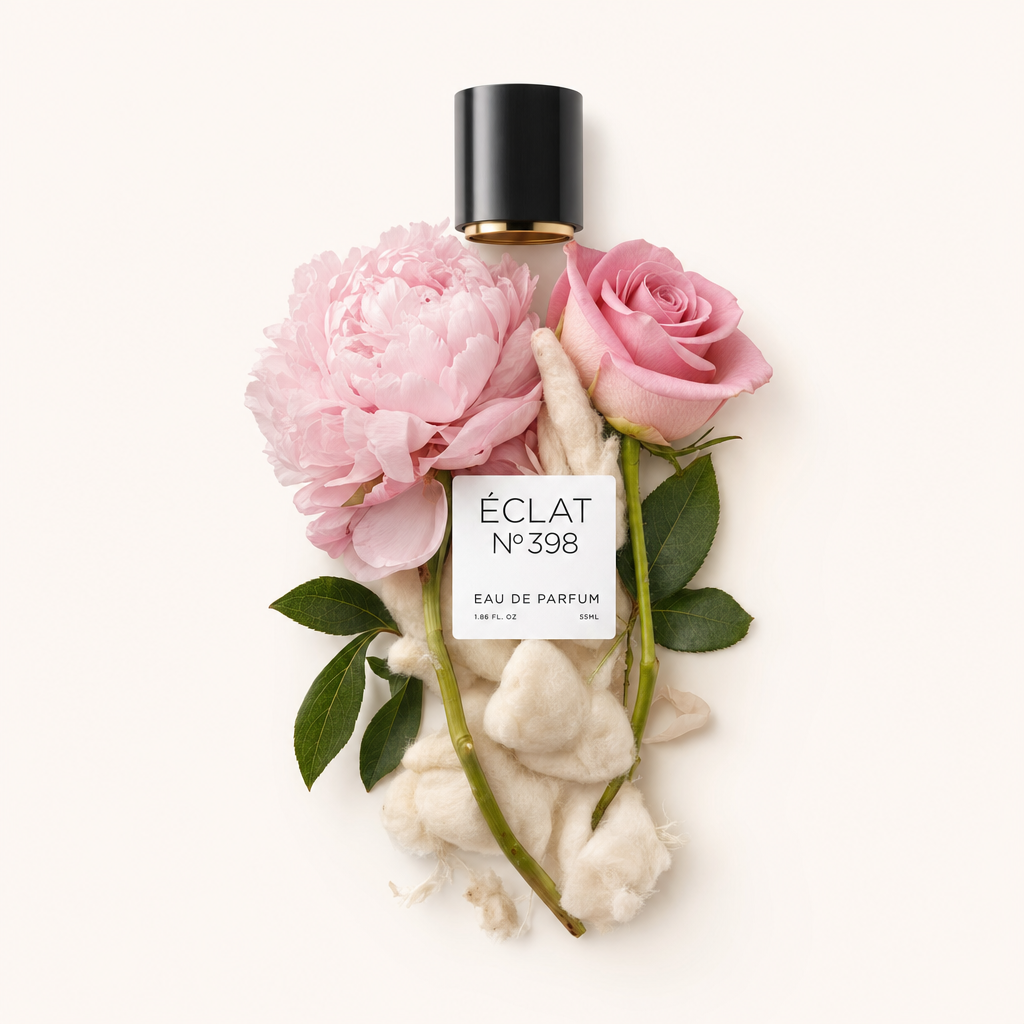 Une nature morte disposée à la main avec une pivoine et une rose roses délicates, accompagnées de coton doux, entourant un capuchon noir avec étiquette ÉCLAT Floral Musk.