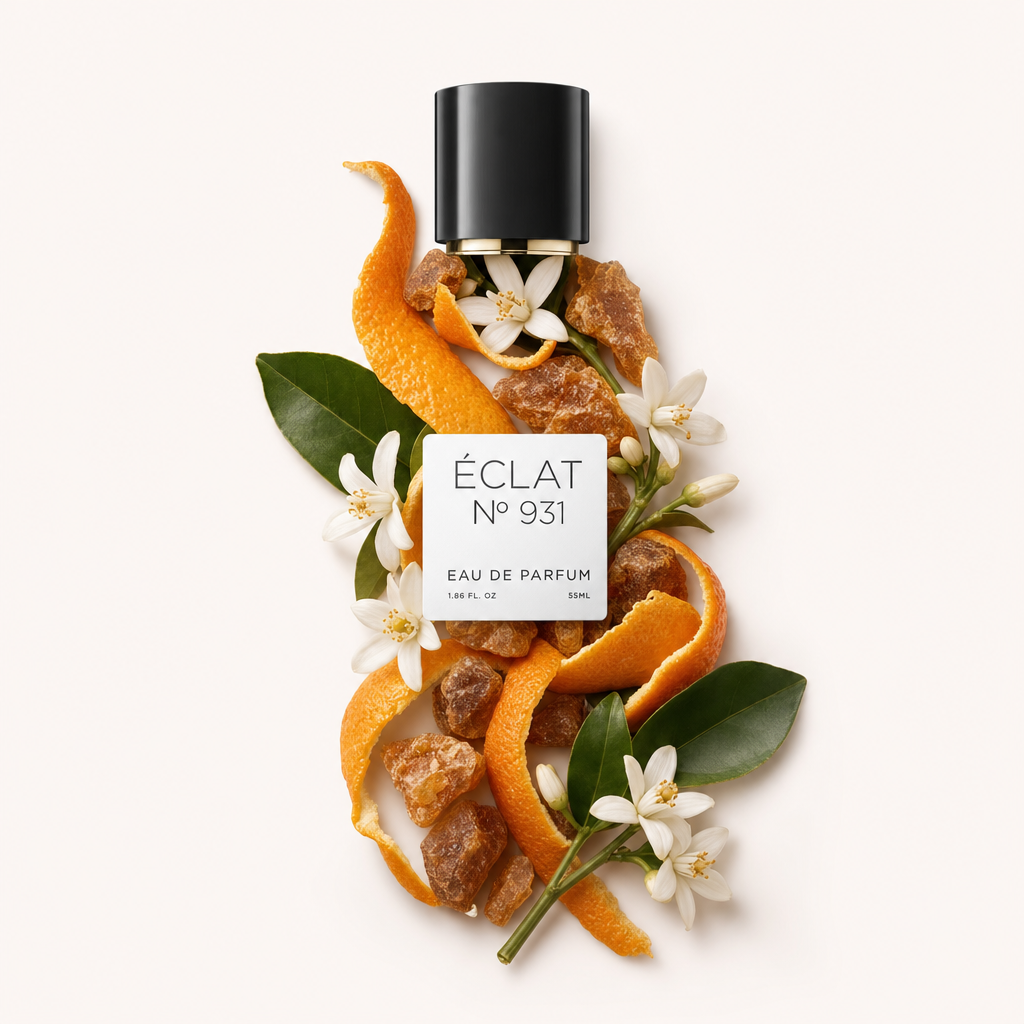 Un arrangement d'écorces d'orange, de fleurs blanches et de morceaux de résine entoure un capuchon noir avec étiquette, ÉCLAT Floral Neroli.
