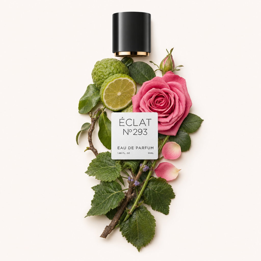 A black cap with a label lies above an arrangement of pink rose, lime slices, and green leaves, representing ÉCLAT Floral Patchouli.
