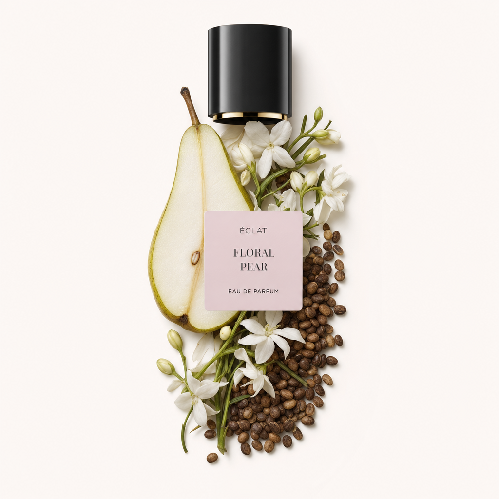 Un arrangement de demi-poire, de grains de café et de fleurs blanches entoure un bouchon noir avec une étiquette pour ÉCLAT Floral Pear.