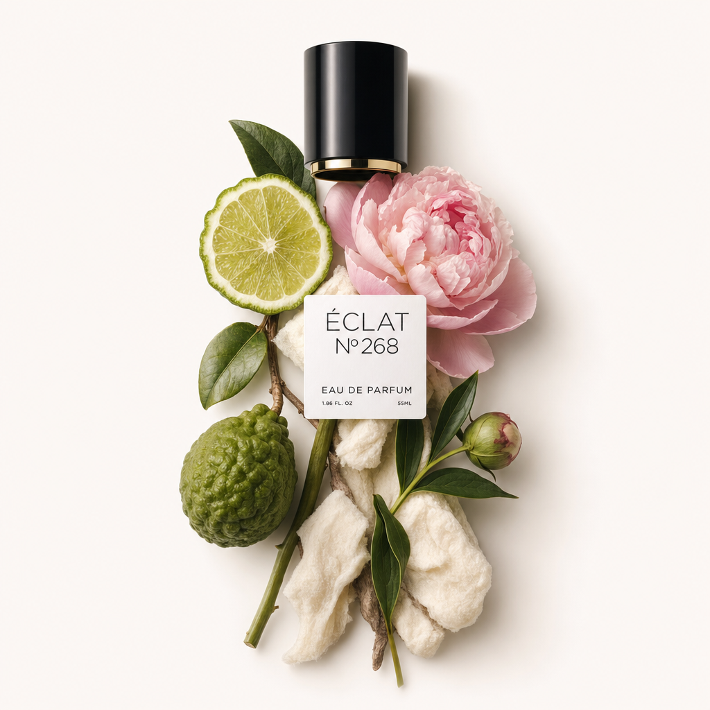 Un arrangement de bergamote, citron vert, pivoine et éléments végétaux entoure le bouchon noir avec l'étiquette ÉCLAT Floral Peony.
